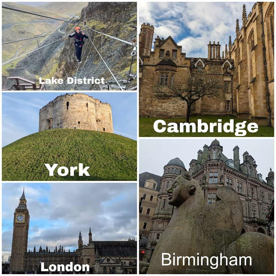 A collage of photos from Nishi's trips to the Lake District, Cambridge, York, Birmingham and London.