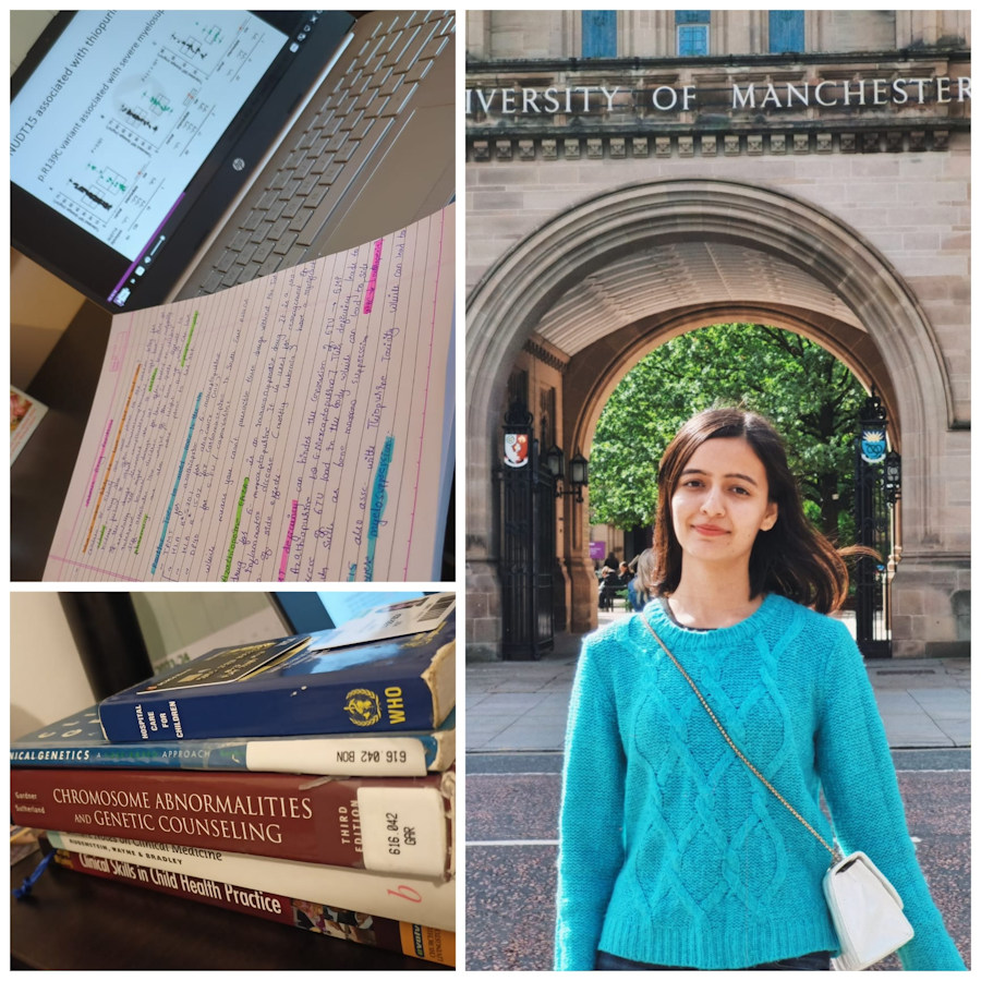 A collage of photos: Nishi in front of the arch at Whitworth Hall, textbooks and notes.