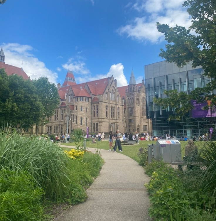 A photo of Alan Gilbert Square on the Manchester campus.